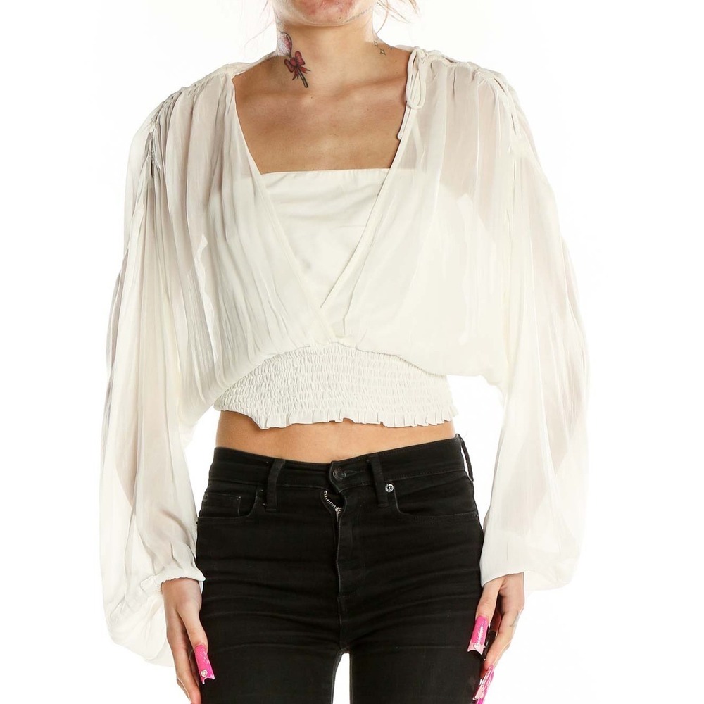 Anthropologie White Sheer Smocked Crop Blouse Balloon Sleeve Tie Shoulder Small